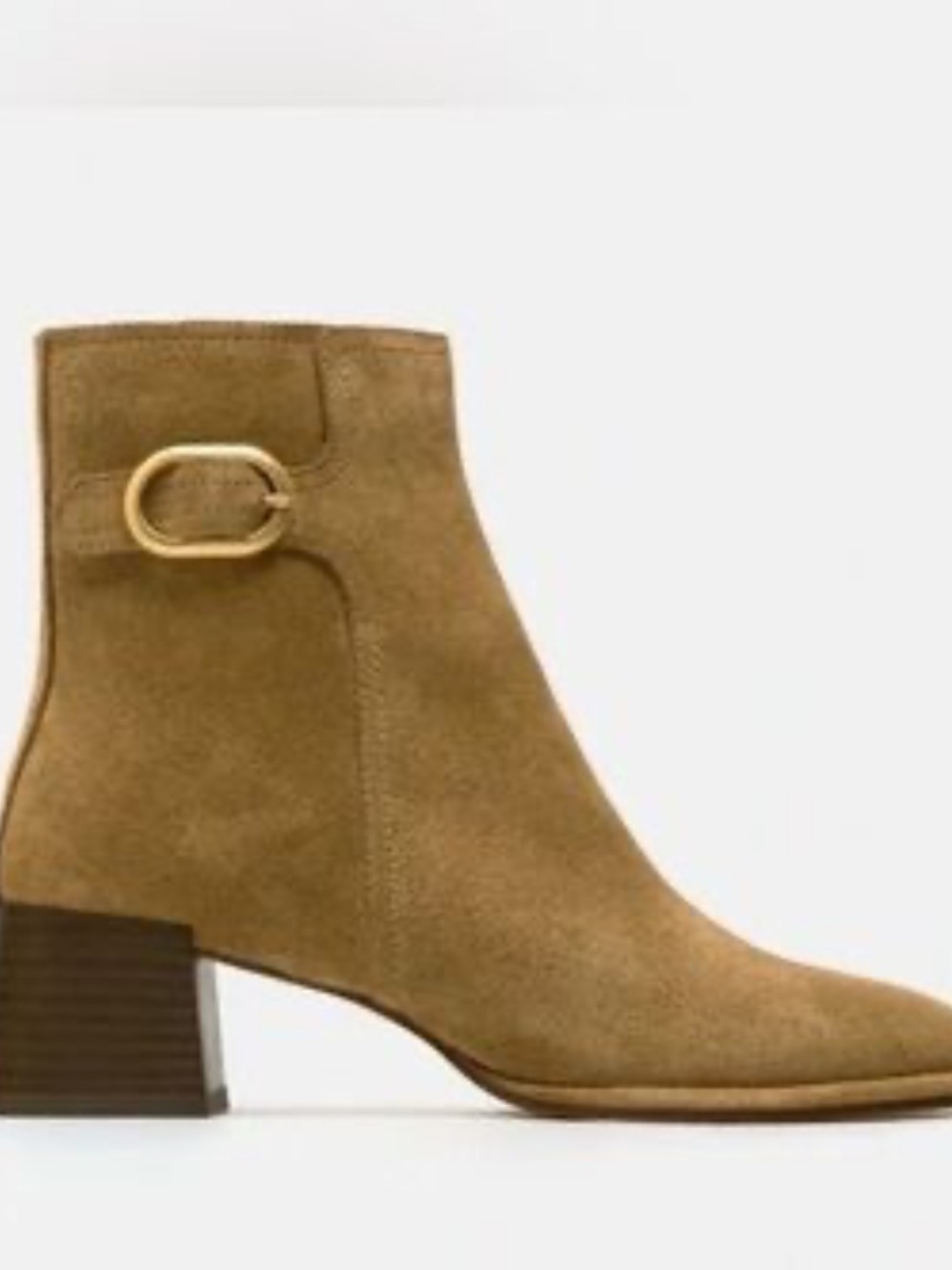 Zara Suede Ankle Boots with Gold Buckle in Camel